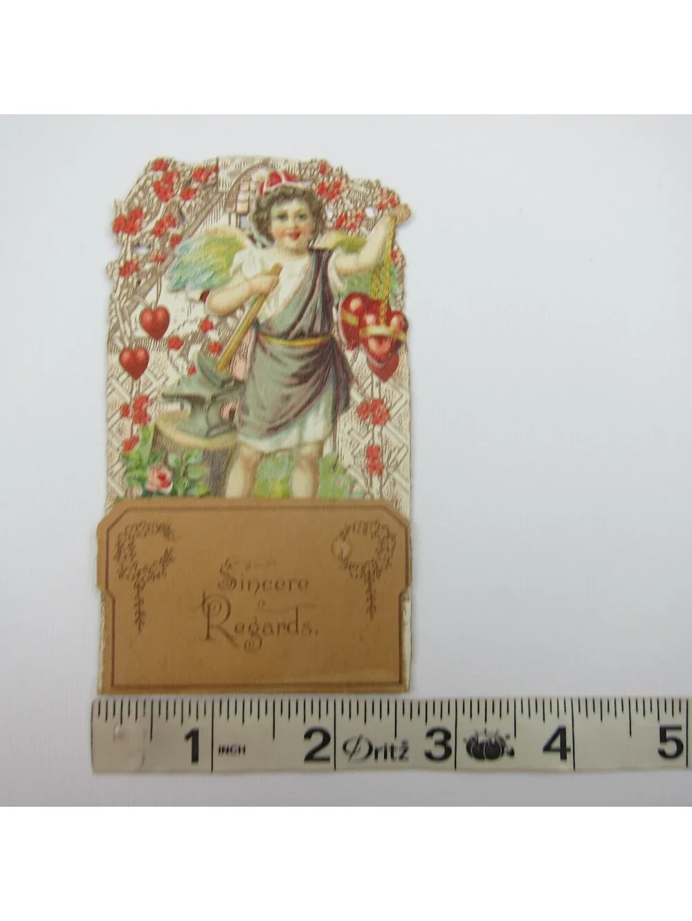 Vintage Valentine Pull Down Die Cut Stand Up Angel Boy Wings Toga Hammer & Anvil